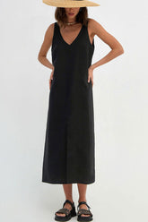 Vestido midi informal de lino con escote en V, abertura frontal, sin mangas, color negro